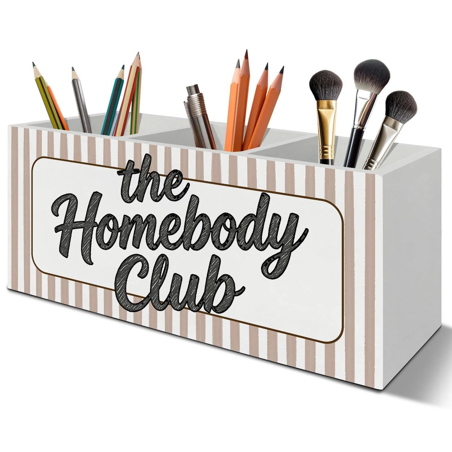 LIANGEAGOM Trendy Retro Funny Pen Pencil Holder Organizer for Desk Accessories, Introverts Gifts, the Homebody Club Neutral Striped Wooden Box Signs Decorations for Home Office Desk Tabletop