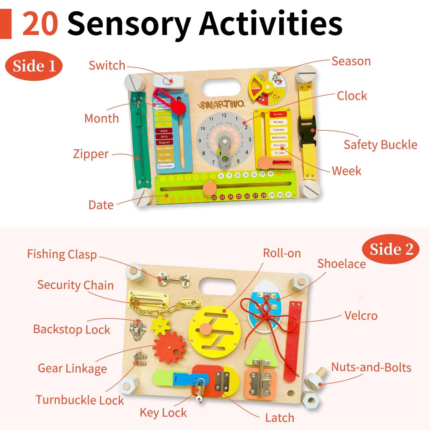 Smartwo Montessori Busy Board for Toddlers 3-5, Large Wooden Sensory Board with 20+ Learning Activities, Fine Motor Toy, Double-Sided Travel Busy Board for Preschool Boys & Girls