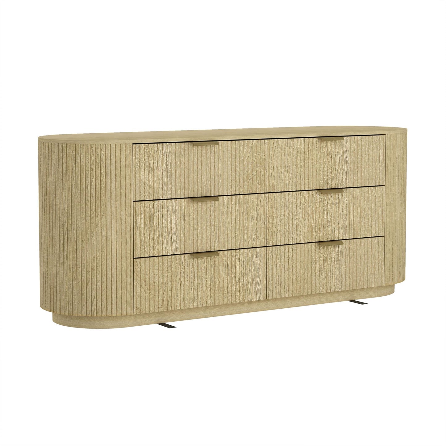 Manhattan Comfort Olivia 71” Wide Modern 6 Drawer Dresser with Wood Grain Finish, Ribbed Texture, Solid Wood Rounded Corners & Metal Handles, Chest of Drawers for Any Room, Natural Oak & Gold