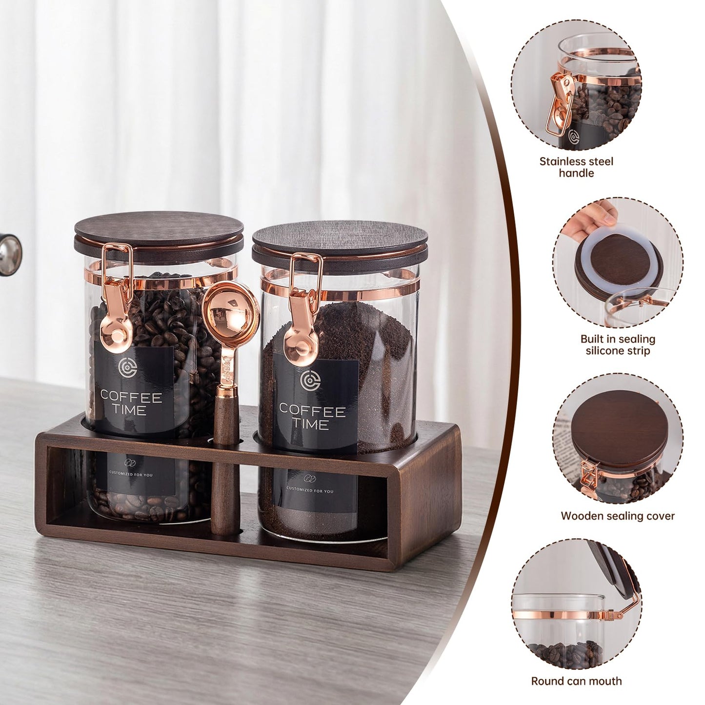 Flmeyaza Glass Coffee & Sugar Canister Set, 2×45OZ Airtight Glass Storage Jars with Wooden Shelf and Scoop, Airtight Food Containers for Coffee Beans, Ground Coffee, Sugar and Tea（Rose Gold）