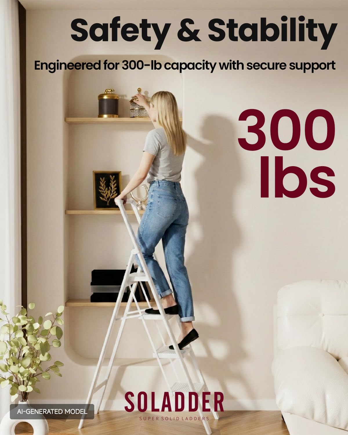 SOLADDER Step Ladder 4 Step Folding Stool with Anti-Slip Widened Sturdy Pedal and Handgrip, Portable and Multi-Use Iron Stepladder for Home, Kitchen, 300 lbs Capacity -Pure White