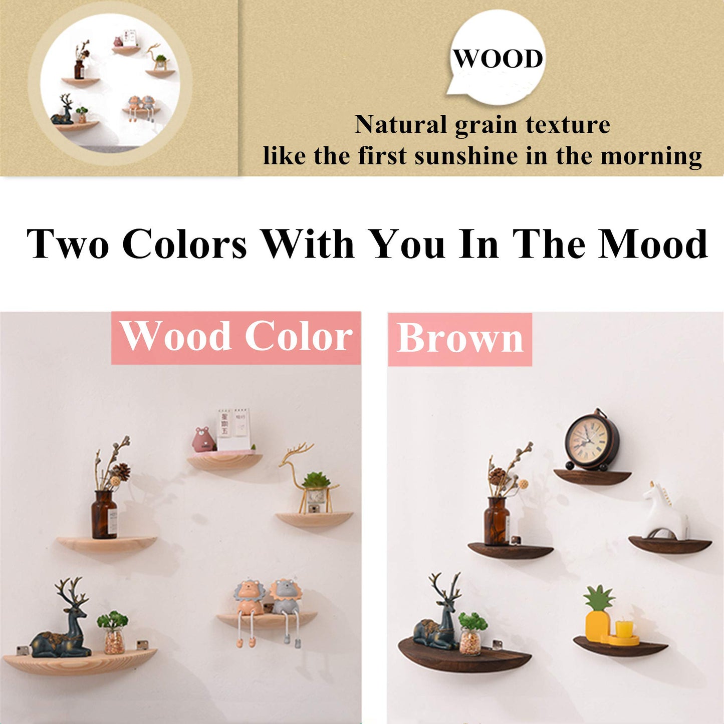 GWMWON Semi Circle Ledge Wood Shelves, Wooden Floating Shelves Wall Mounted, Solid Wood Wall Storage Shelves, for Bathroom, Bedroom, Living Room, Kitchen, Office,Wood Color,25cm