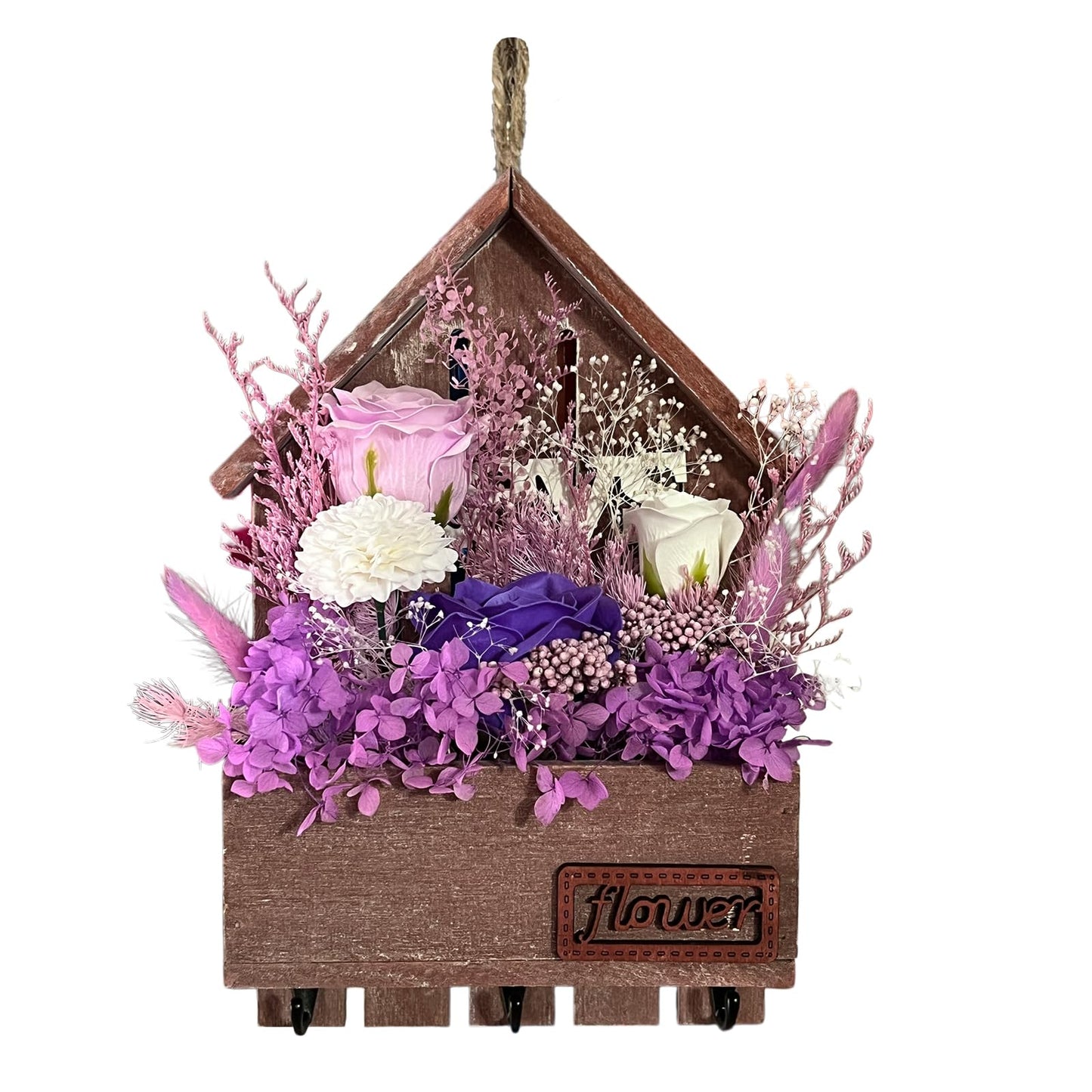EIGHTOWN Purple Floral Wall Hooks, Farmhouse Wooden House Shape Key Holder with 3 Hooks, Artificial Soap & Dried Flower Decorative Hanger for Entryway, Living Room, Home Decor (Purple)