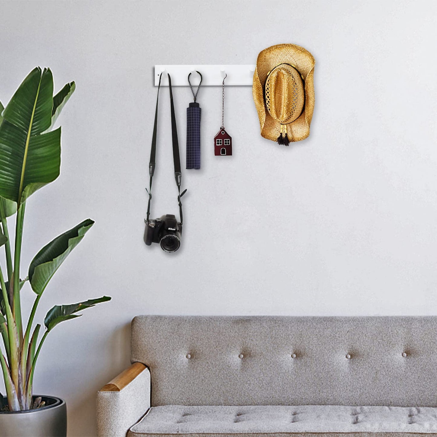 horkmous Wood Coat Rack Wall Mounted, 16'' Hole to Hole Wooden Peg Rail for Wall Hangers, 5 Pegs Bamboo Wall Hook for Hanging Towels Hats Robes Clothes Keys, White