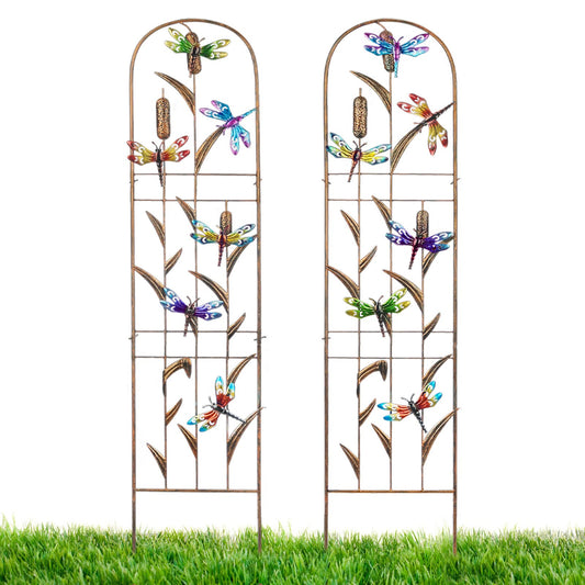 LEWIS&WAYNE 2 Pack Metal Garden Trellis with Colorful Dragonfly 60 Inch High Outdoor Decoration Arched Fence Trellis for Climbing Plants for Patio, Lawn, Yard, Backyard, Wall Brackets