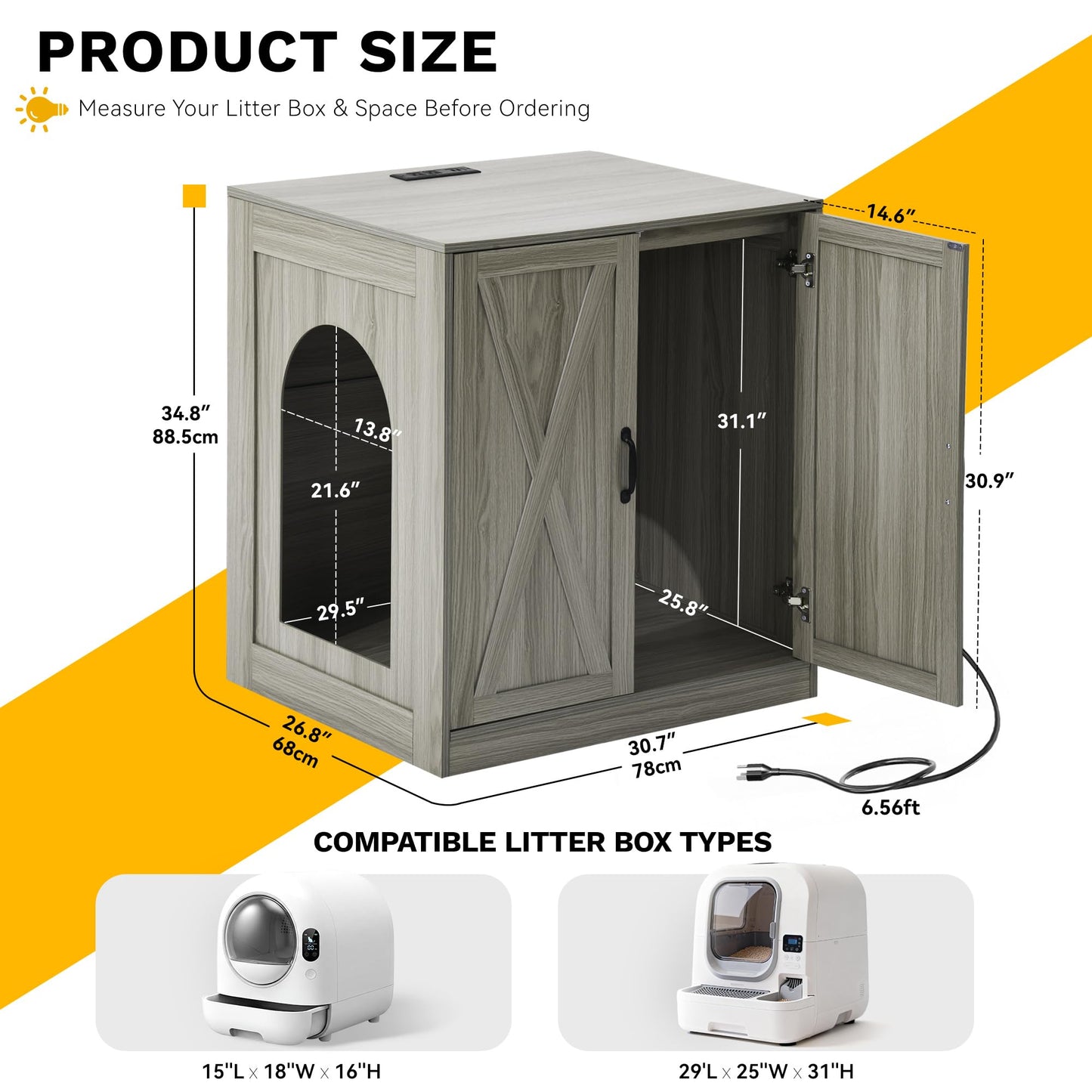YITAHOME Large Hidden Litter Box Furniture with Power Outlets, Wooden Cat Litter Box Enclosure for Self-Cleaning Litter Boxes, Indoor Wooden Storage Cat Cabinet, Wash Grey