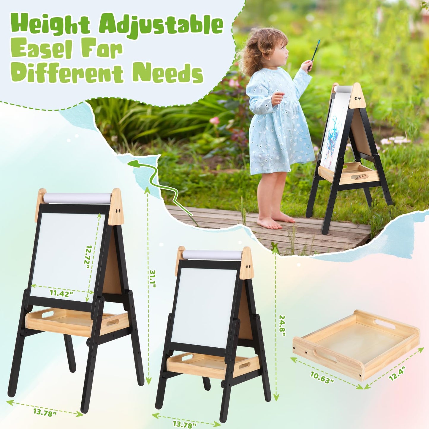 3 in 1 Easel for Little Kids with Wood Tray, Double Sided Wooden Easel with Paper Roll, Magnetic Whiteboard & Dry Erase Black Chalkboard, Height Adjustable Painting Standing for Toddlers Childrens 2-5