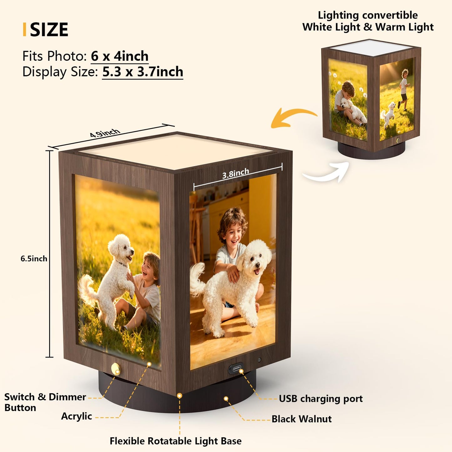 Mixoo 4x6 Picture Frame Light, Vintage Rotating Photo Frame Tabletop Lamp, Touch Desk Lamp for Bedroom Bedside, Table lamps for Office Family Retirement Anniversary Birthday Gifts (Wooden Brown)
