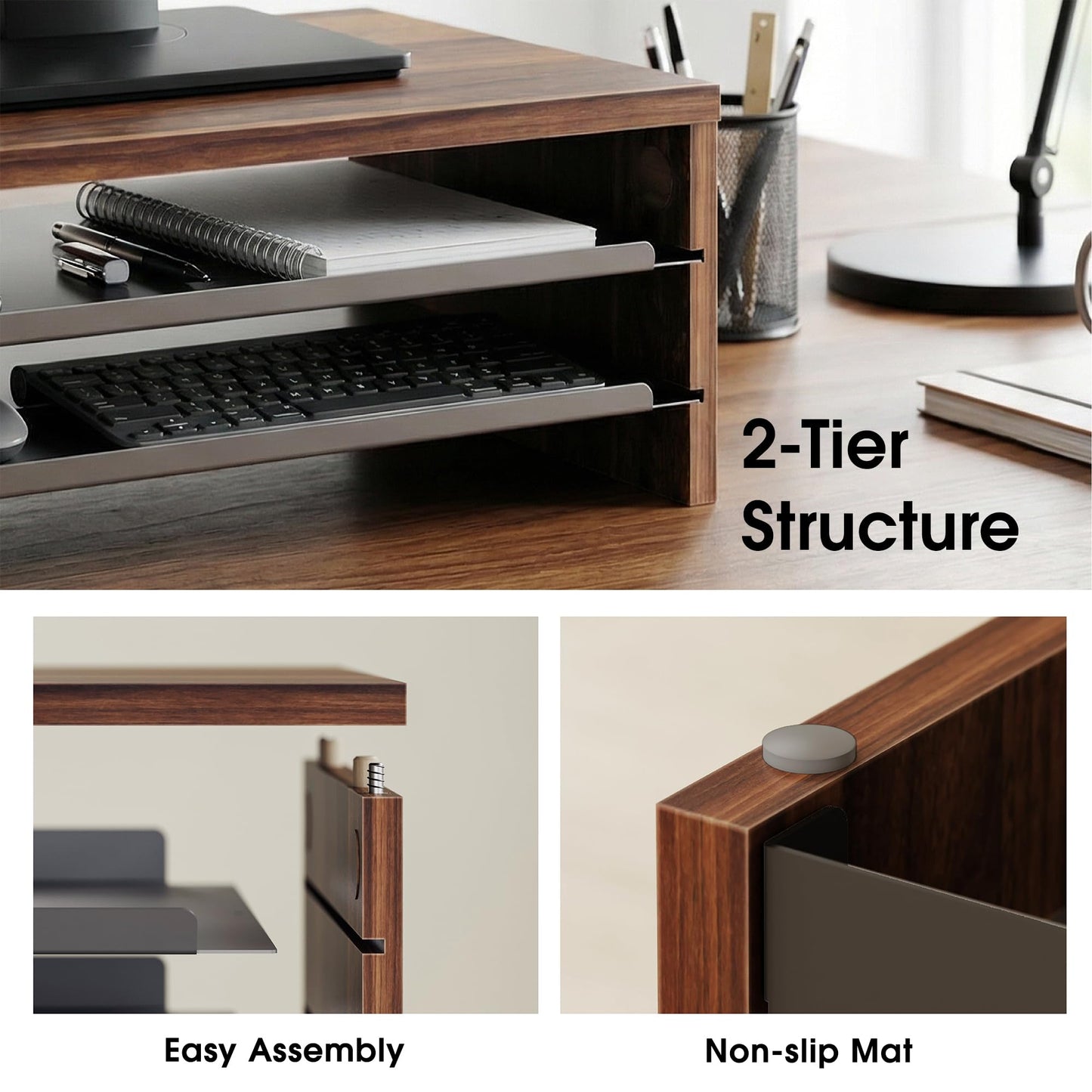 Fenge Monitor Stand, 3-Tier Monitor Riser with Slide-Out Tray, Wooden and Metal Desktop Organizer for Home Office, Computer, Laptop, Printer, Telephone