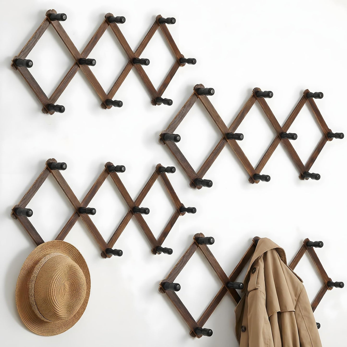 Lyksgir 4 Pcs Accordion Wall Hanger, Wooden Expandable Wall Mounted Hanger, Expandable Coat Rack, X Shape Coat Hooks for Hat, Coats, Coffee Mugs, Scarf, Including 40 Pegs with 8 Adhesive Hook (Brown)