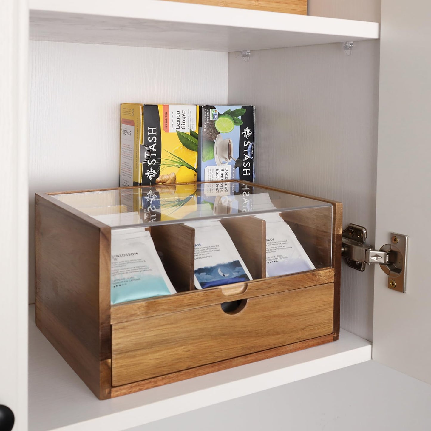 HTB Acacia Wood Tea Organizer 2 Tier with Drawer,Large Capacity