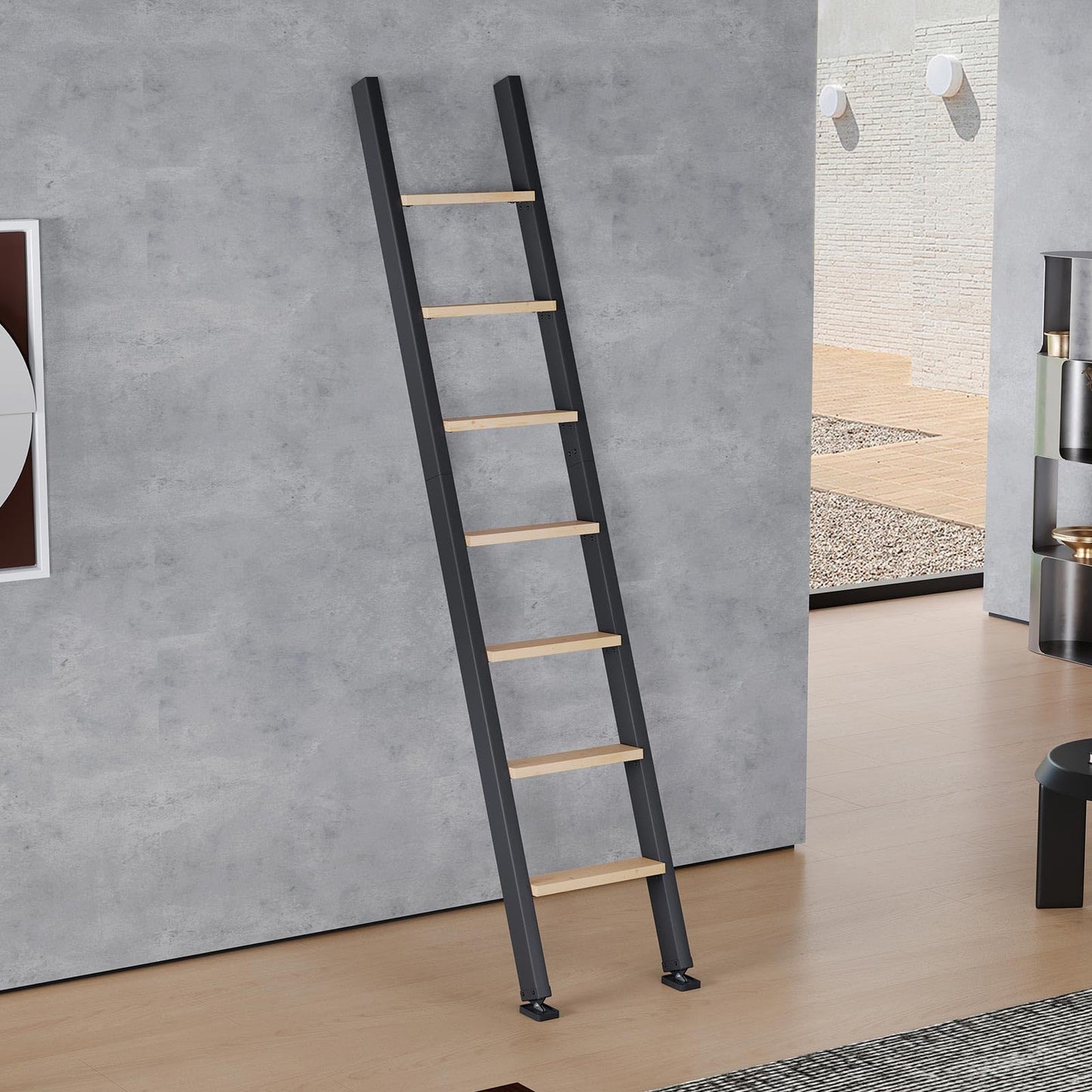 Fredbeck 8ft,96inch Library Ladder Carbon Steel Frame Wooden Step,for Loft