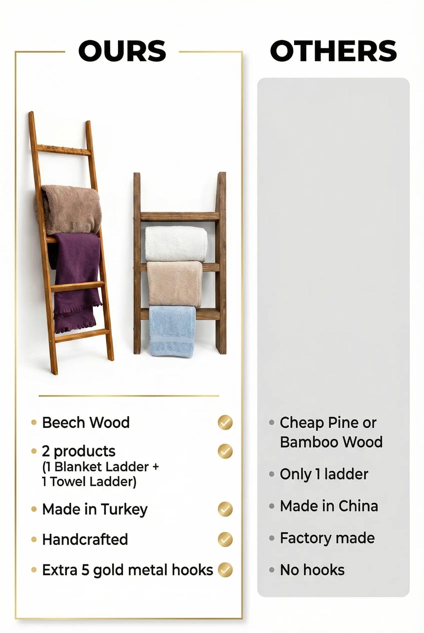 2 Pack Wooden Ladder Set, 1 pcs Blanket Ladder and 1 pcs Towel Ladder - Beech Wood 59'' inc 5 Tier and 5 Extra Hooks Blanket Ladder, Living Room and Bathroom Home Decor, Wall Decorative Shelves