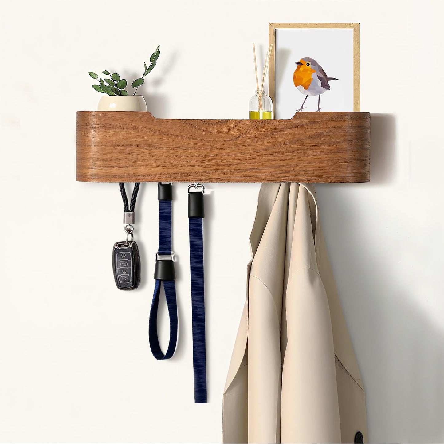 Nevsokio Coat Rack Wall Mount with Hidden Hooks, Wall Hooks with Shelf, Wall Key Holder Mount Wooden Shelf Entryway Hooks for Bedroom Bathroom for Hanging Coats Hats Bags Towels (Walnut, 4 Hooks)