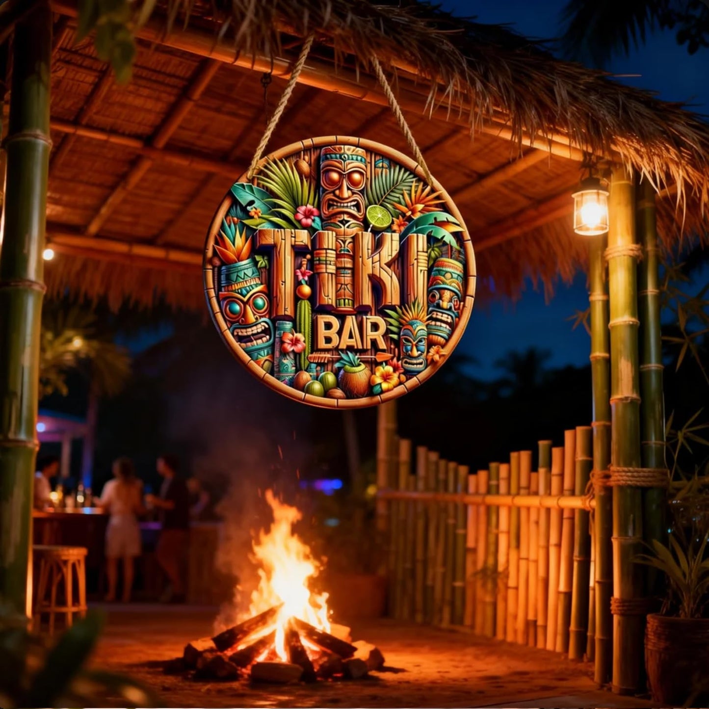Tiki Bar Sign, Wooden Printed Tiki Decor Round Signs, Outdoor Signage with Tiki Statue (Style 1)