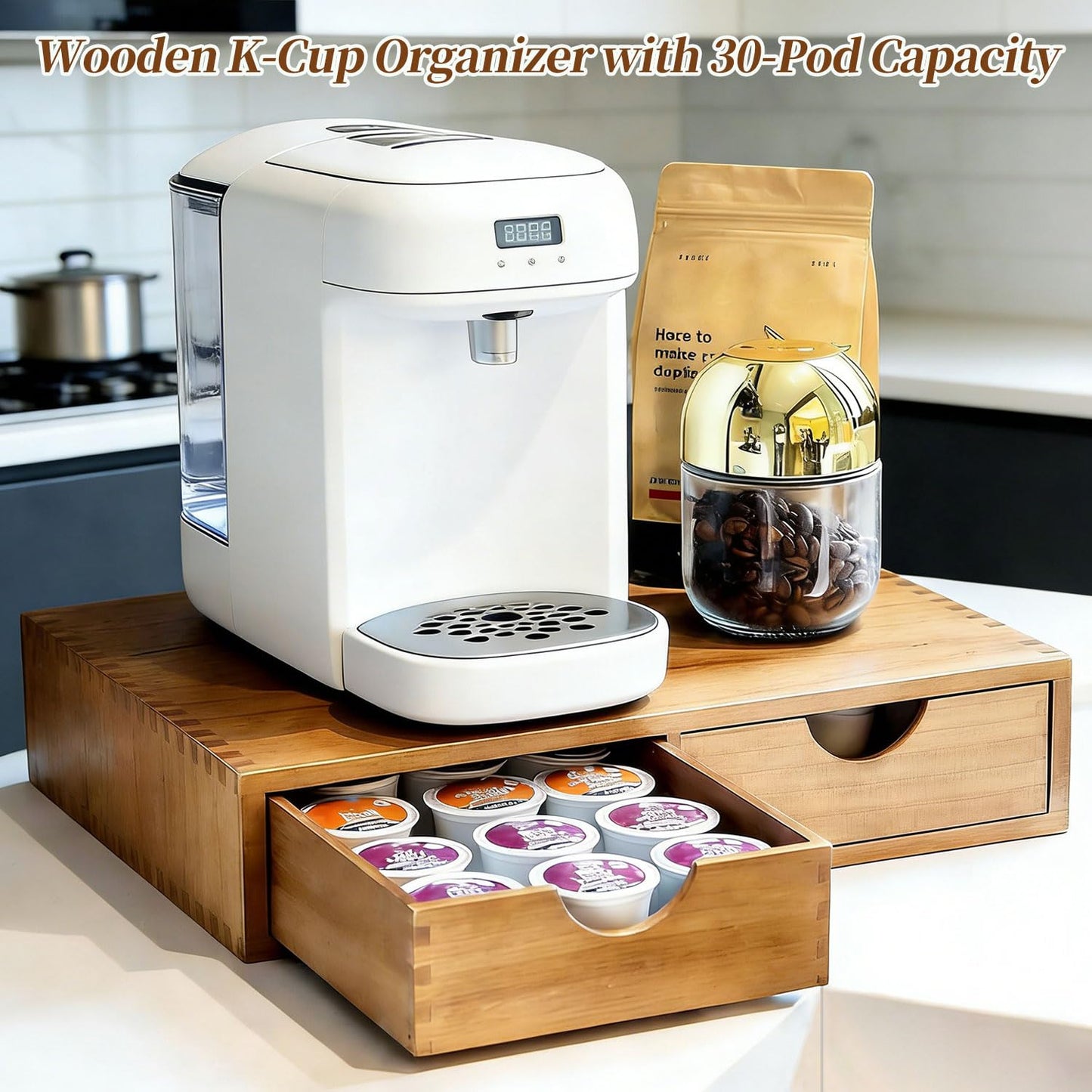 YAOYAO LAND Wooden K Cup Organizer, Coffee Pod Storage Box and Tea Organizer Holder, K Pod Drawer Under Brewer Coffee Maker Machine Stand, Organizador De Cafe, 30 Pod Capacity (Natural Wood)
