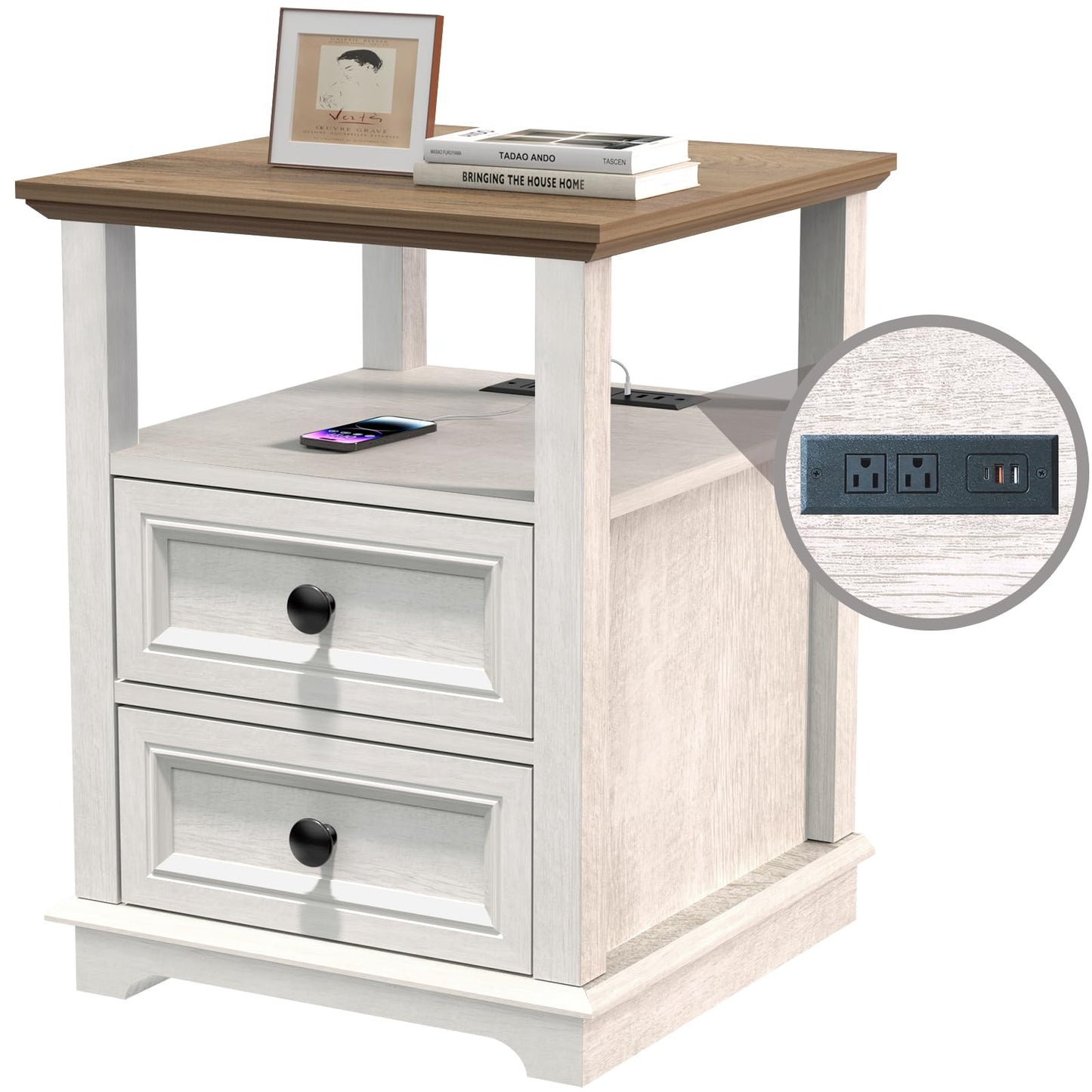 REDAYFUR End Table with Fast USB C Charging Station, 18" Wide Tall Sofa Side Table with 2 Drawers, Large Storage Rustic Wood Square Storage Cabinet for Living Room,Bedroom,Office, White