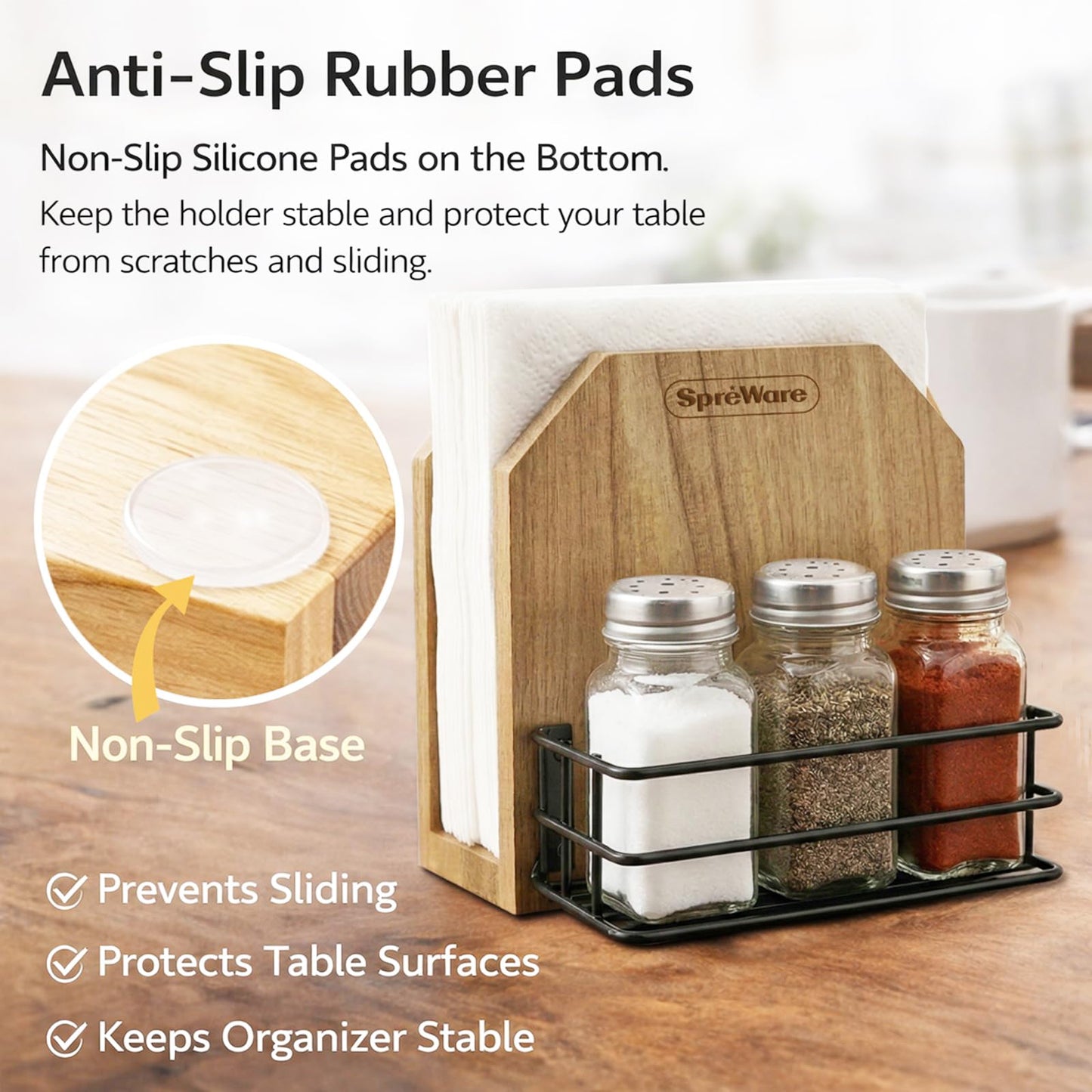 SPREWARE Acacia Wood Napkin Holder with 3 Salt & Pepper Shakers, Rustic Tabletop Napkin and Condiment Caddy, EVA Anti‑Slip Base, Holds 80 Standard Napkins – Grateful Thankful Blessed Design