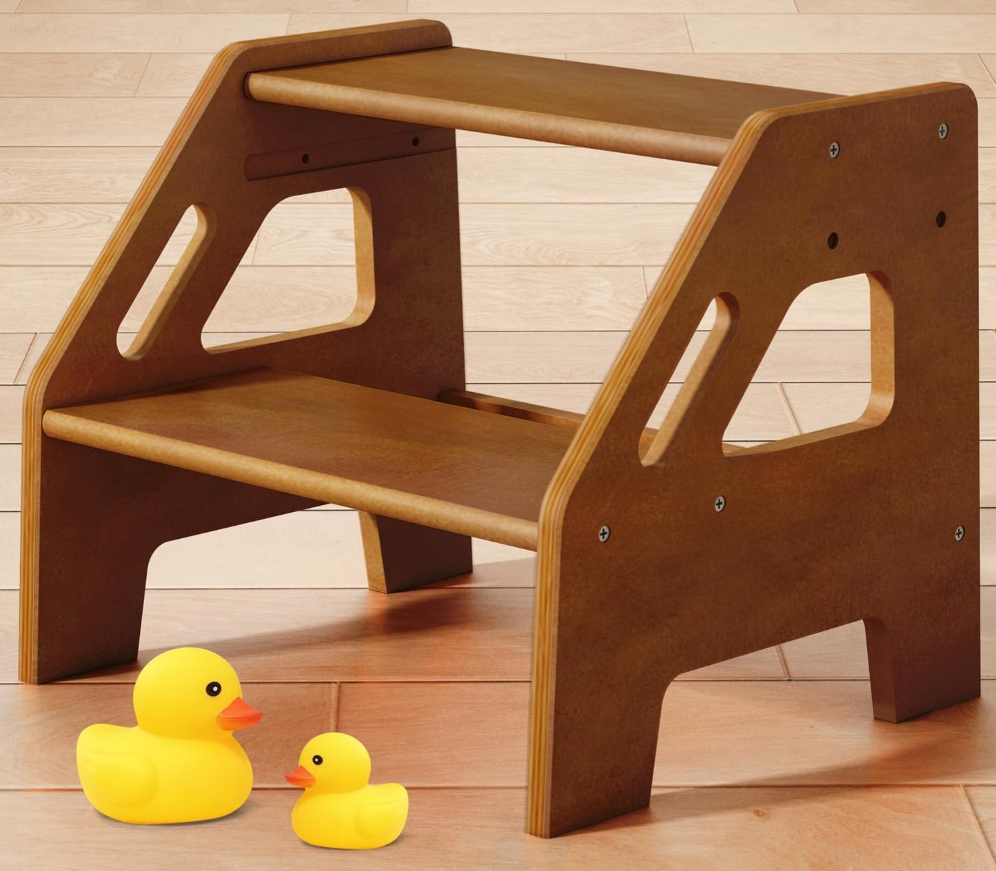 Harwaya Wooden Toddler Step Stool for Bathroom Sink, Dark Wood Kids Toilet 2 Step Stool for Toddlers Potty Training, Baby Child Stepping Stools with Handles for Bedroom Kitchen Counter (Walnut Brown)