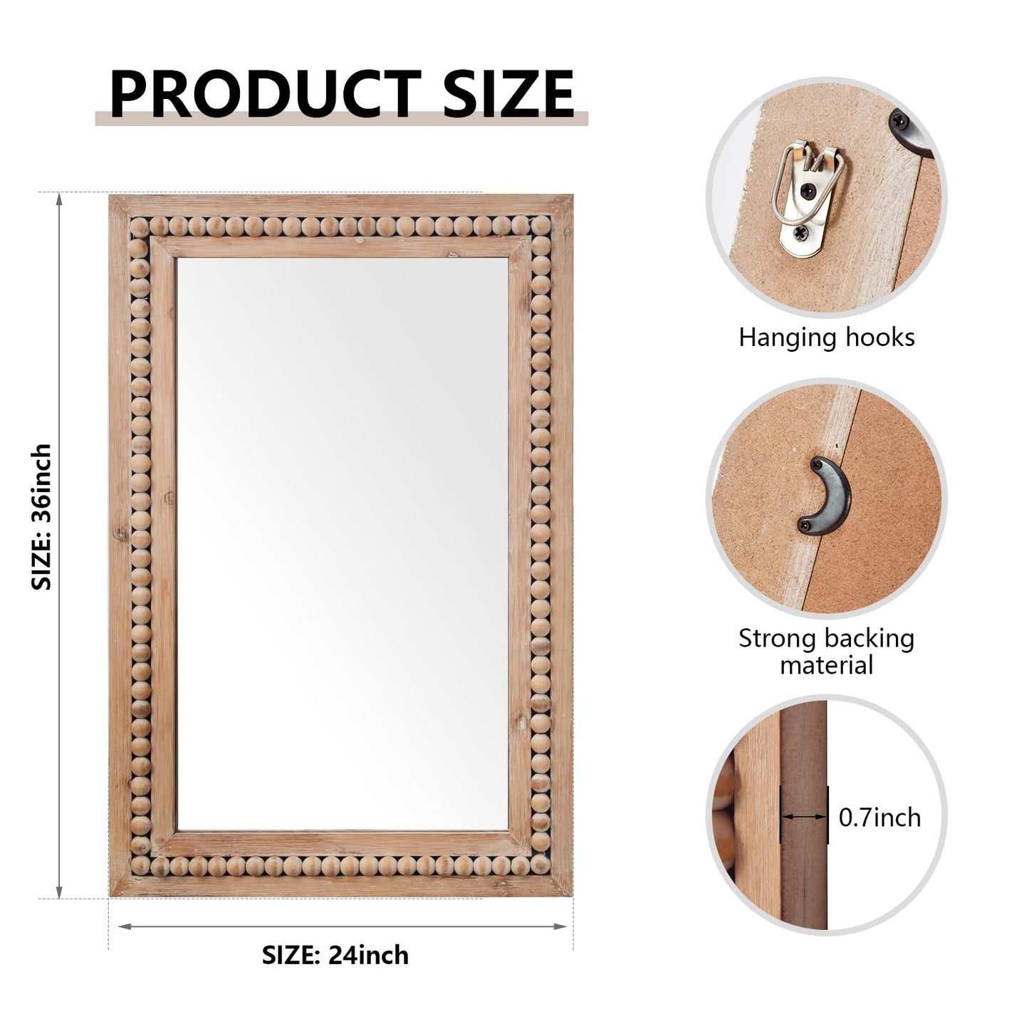 H HOMEWINS Rustic Rectangle Mirror,24x36 Wooden Farmhouse Mirrors,Boho Bathroom Wall-Mounted Nature Beads Decor Mirror for Bedroom, Living Room,Vanity,Entryway,Over Sink