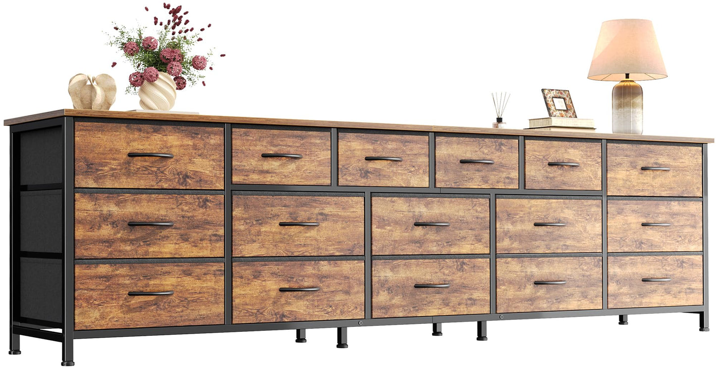 Huuger 77.6" Long Dresser for Bedroom, 16 Drawer Fabric Dresser for Closet, Wide Chest of Drawers with Storage, TV Stand for 65, 75, 85 Inch TV, 77.6" W x 13" D x 26.4" H, Rustic Brown