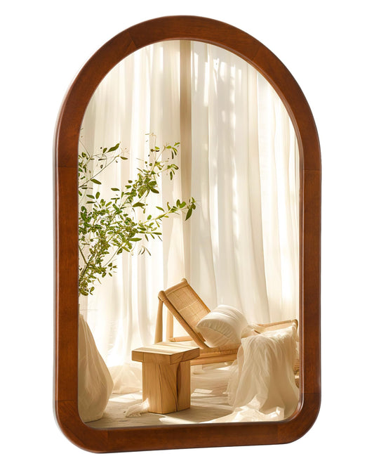 Arched Mirror 24 x 36 Inch,Walnut Brown Wood Rustic Bathroom Tempered Wall Mirror with Wood Frame,Round Corner Arch Farmhouse Wooden Vanity Mirror for Living Room,Entryway or Bedroom