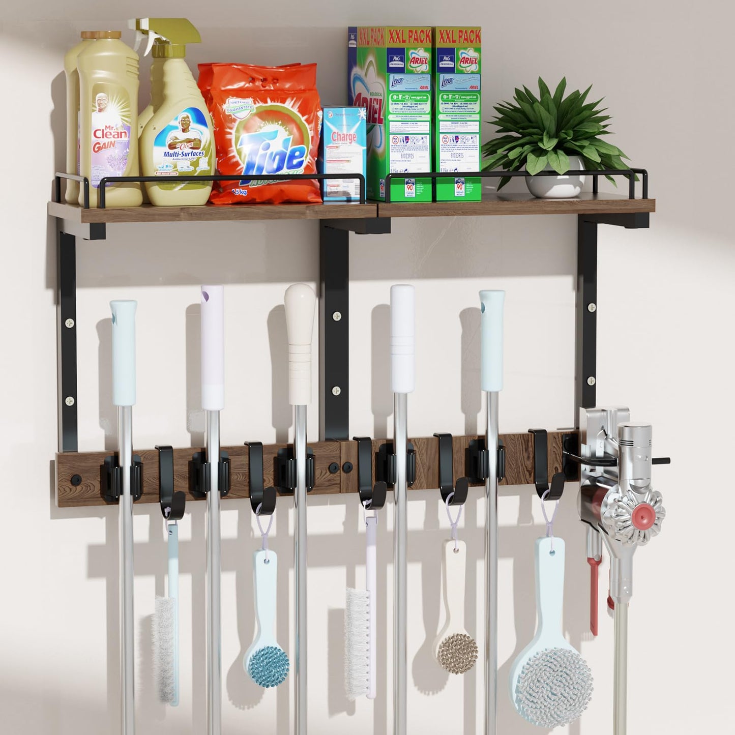 Casremee Mop Holder Wall Mount with Cleaning Supplies Organizer, Wood Mop and Broom Hanger Rack Organizer with Anti-Fall Wall Shelf with 5 Clips & Hooks for Garage Laundry Room Kitchen (Dark)