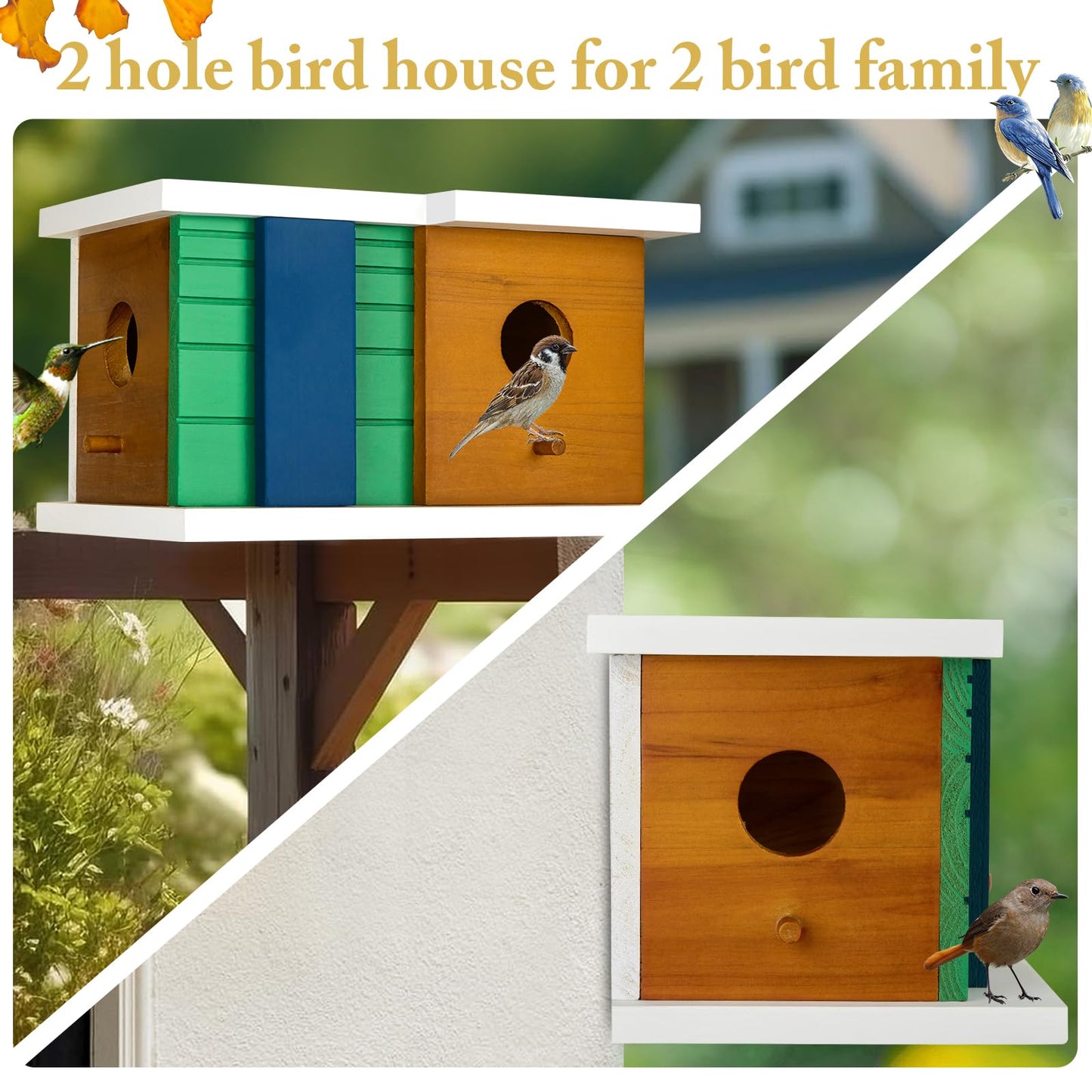 CLACKIBUKVYZ Bird House - Wooden Birdhouse with 2 Entrances - Outdoor Hanging Bird Nesting Box for Bluebirds, Finches, Cardinals - Durable Solid Wood Design, Ideal for Garden Decoration
