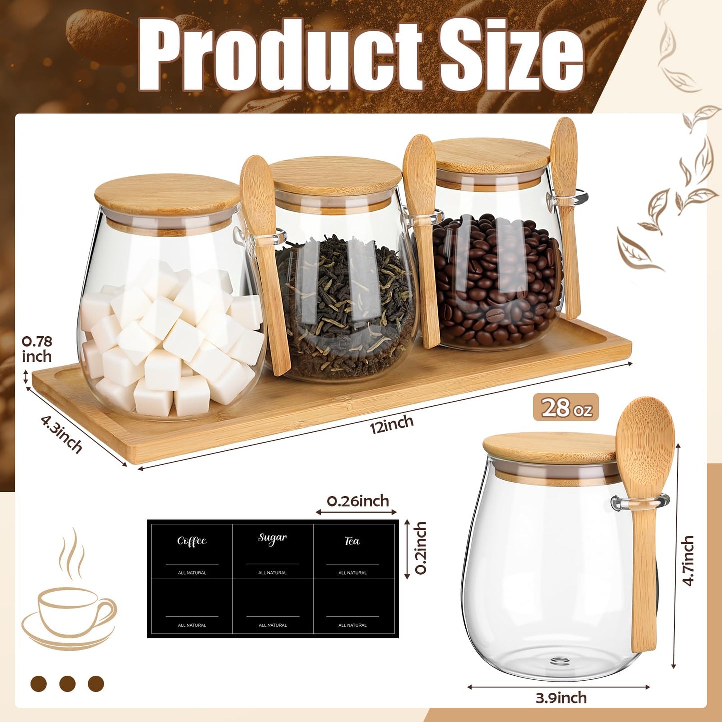 Suclain 3 Pcs Glass Coffee Container with Wooden Lid Spoon Tray Shelf Labels Clear Airtight Glass Jar Storage Container Set for Coffee Beans Tea Leaves Grains Dried Fruits Sugar Spice(28oz)
