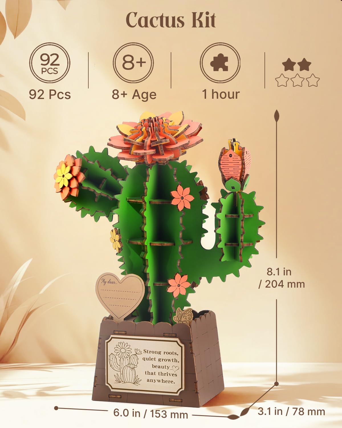KAAYEE 3D Puzzles for Adults Cactus Potted, 92 Pcs Wooden Puzzle DIY Handcraft Kit, Succulent Flower Series Home Office Decor, Gift for Friends Family Elders Birthday Housewarming