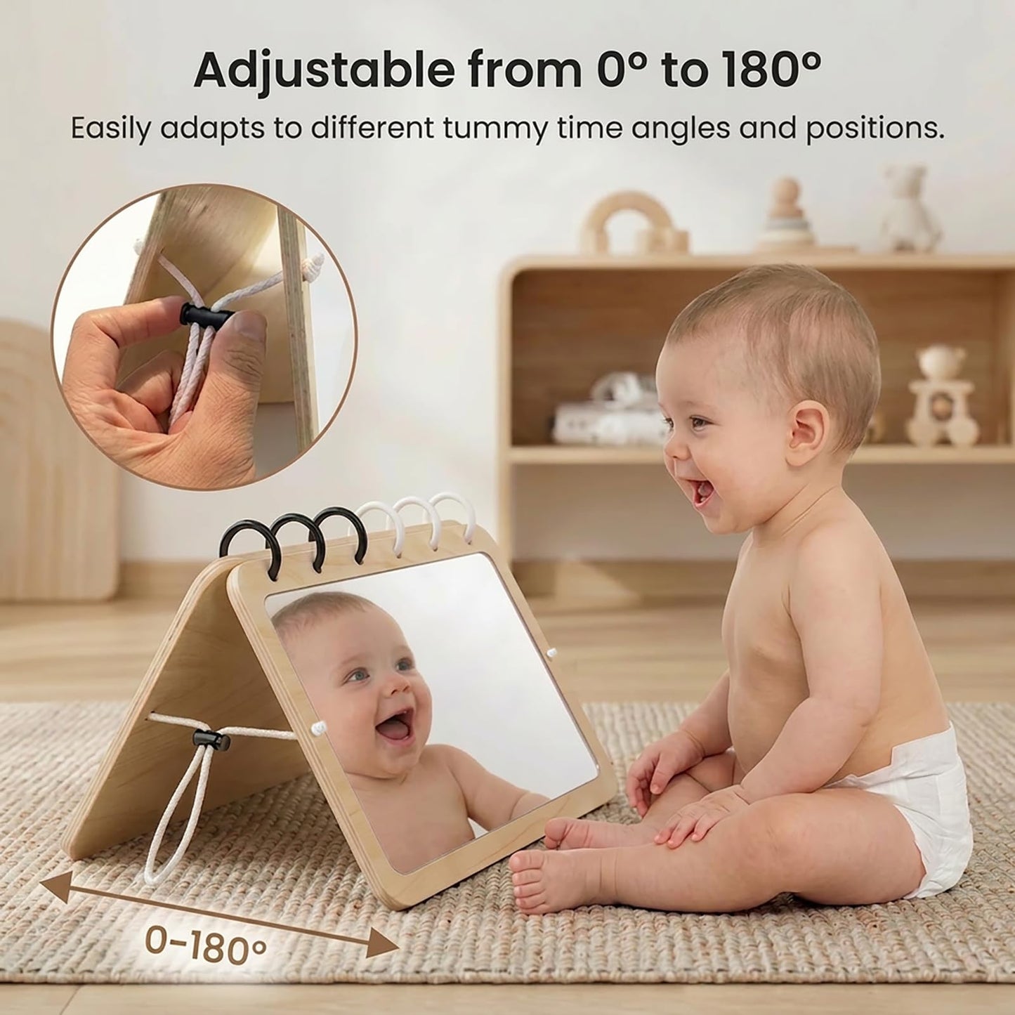Woodtoe 2-in-1 Tummy Time Mirror, 0-180°Adjustable Angle Montessori Baby Toy, Double-Sided Design with High Contrast Black & White Cards, Shatterproof Baby Mirror for 0-18 Months Newborns Infants
