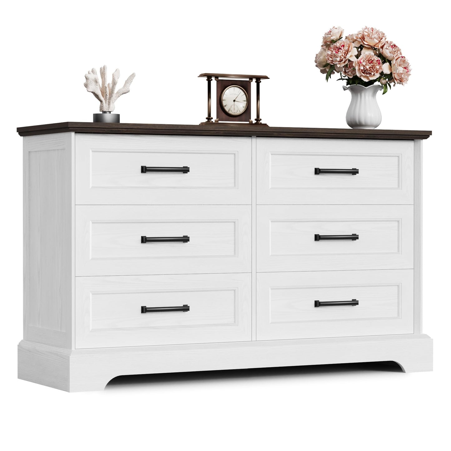 Furmax Farmhouse Dresser for Bedroom, 6 Drawers Dresser, Wood Chest of Drawers, 47.2" Wide Storage Dressers Organizer for Bedroom, Living Room, White and Brown