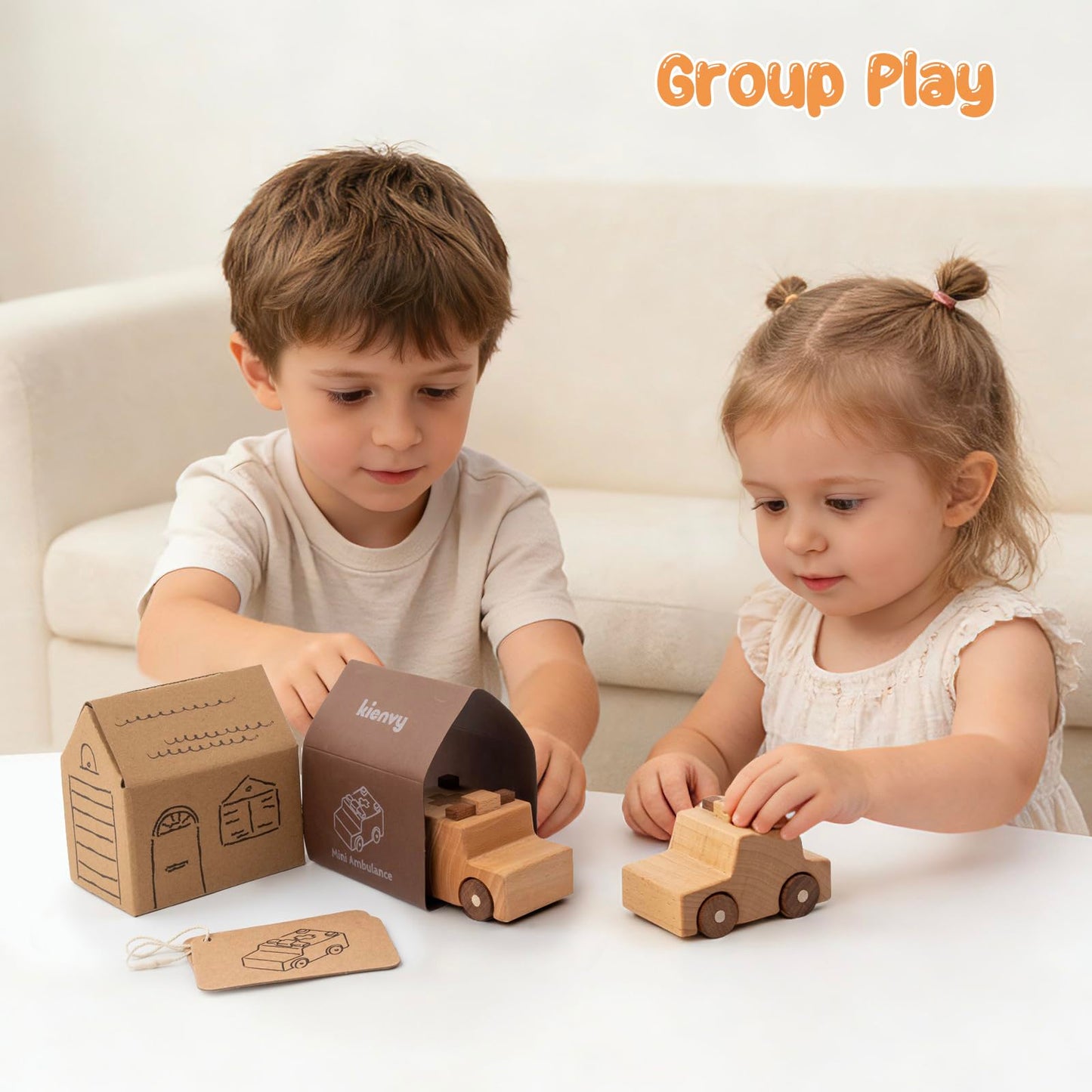 kienvy Wooden Toy Cars for 3 Year Old Boys & Girls - Construction Vehicles Set Push Toys for Toddlers, Wood Montessori Car with Rolling Wheels, Natural Wood Toys (Ambulance & Police Car)