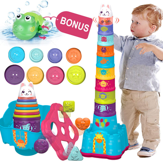 LTKFFFdp Baby Stacking Toys for Toddlers 1-3, Nesting Cups Shape Sorter for Infant 6 to 12-18 Month, Stackable Learning Toy with Blocks, Rattle & Frog Bath Toy, for Girl Boy Birthday