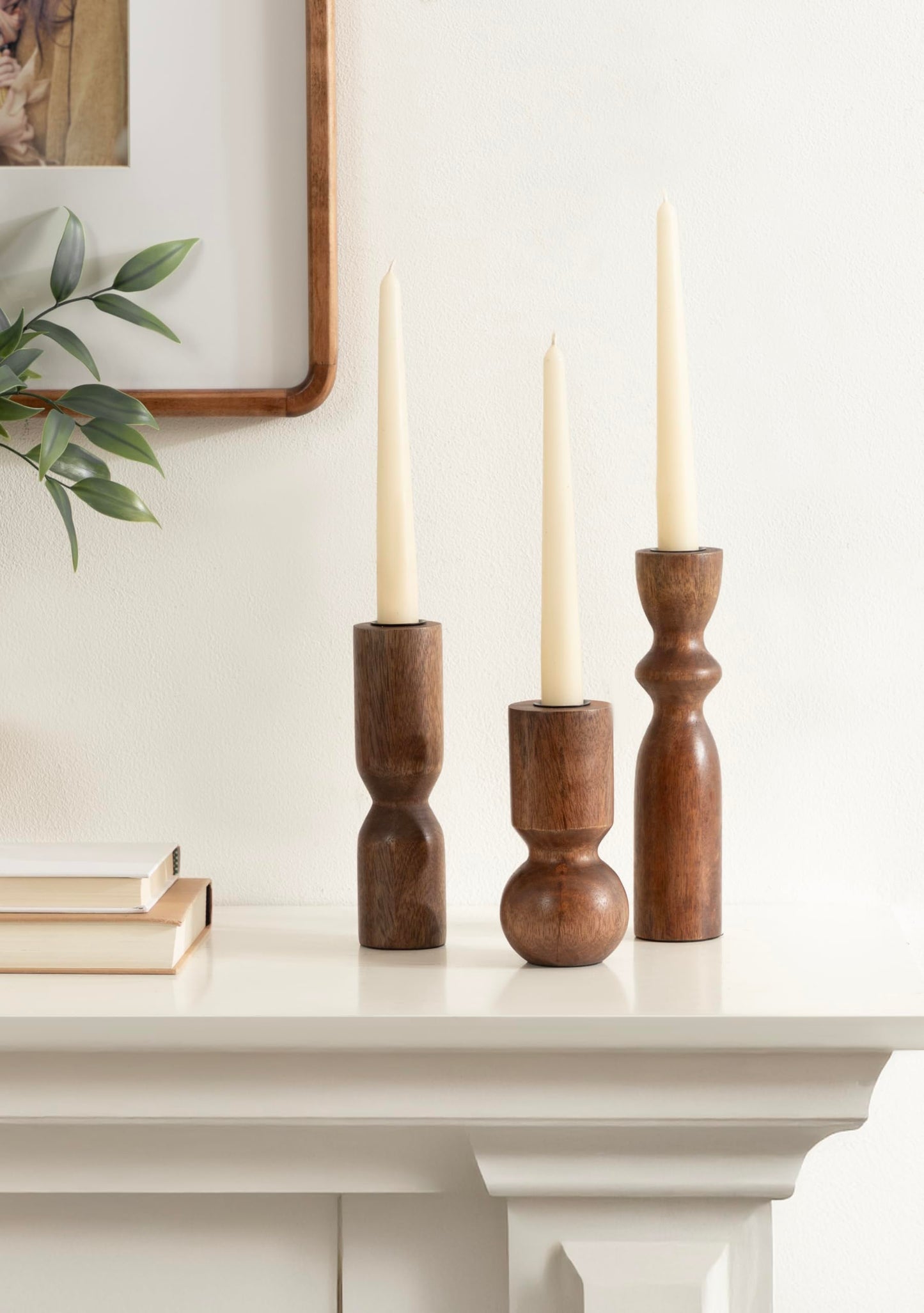 Kate and Laurel Pico Modern Three-Piece Mango Wood Taper Candle Holder Set, Set of 3, Walnut Brown, Transitional Wooden Candlestick Holders for Dining Table or Fireplace Mantel Display