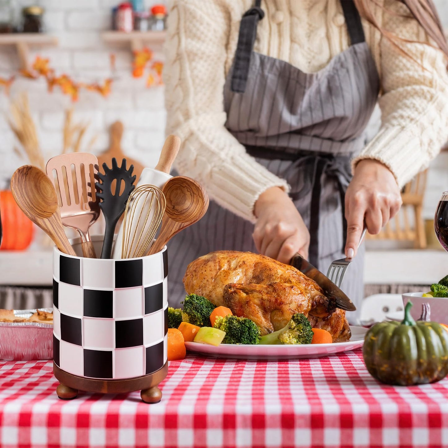 Ferrochef Kitchen Utensil Countertop Holder Checkered Utensil Crock with a Wooden Base 7.5 Inch Organizer Country Style Decorative for Storing Spoons Spatulas and Pot Spatulas