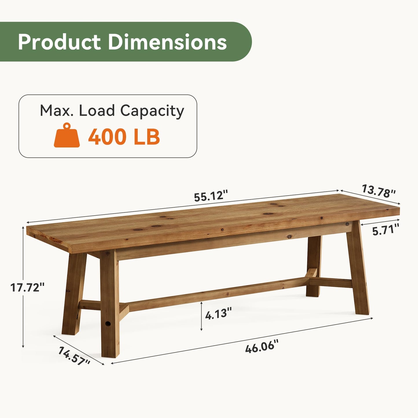 TRIBEWOOD 55" Solid Wood Bench, Farmhouse Long Bench Seat for Entryway, Dining Room, Living Room, Solid Wood, Rustic Brown
