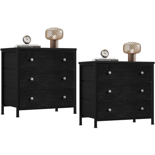 BOLUO Black Nightstands Set of 2, Large Night Stand Fabric 3 Drawer Dresser for Bedroom Closet,Girls Modern