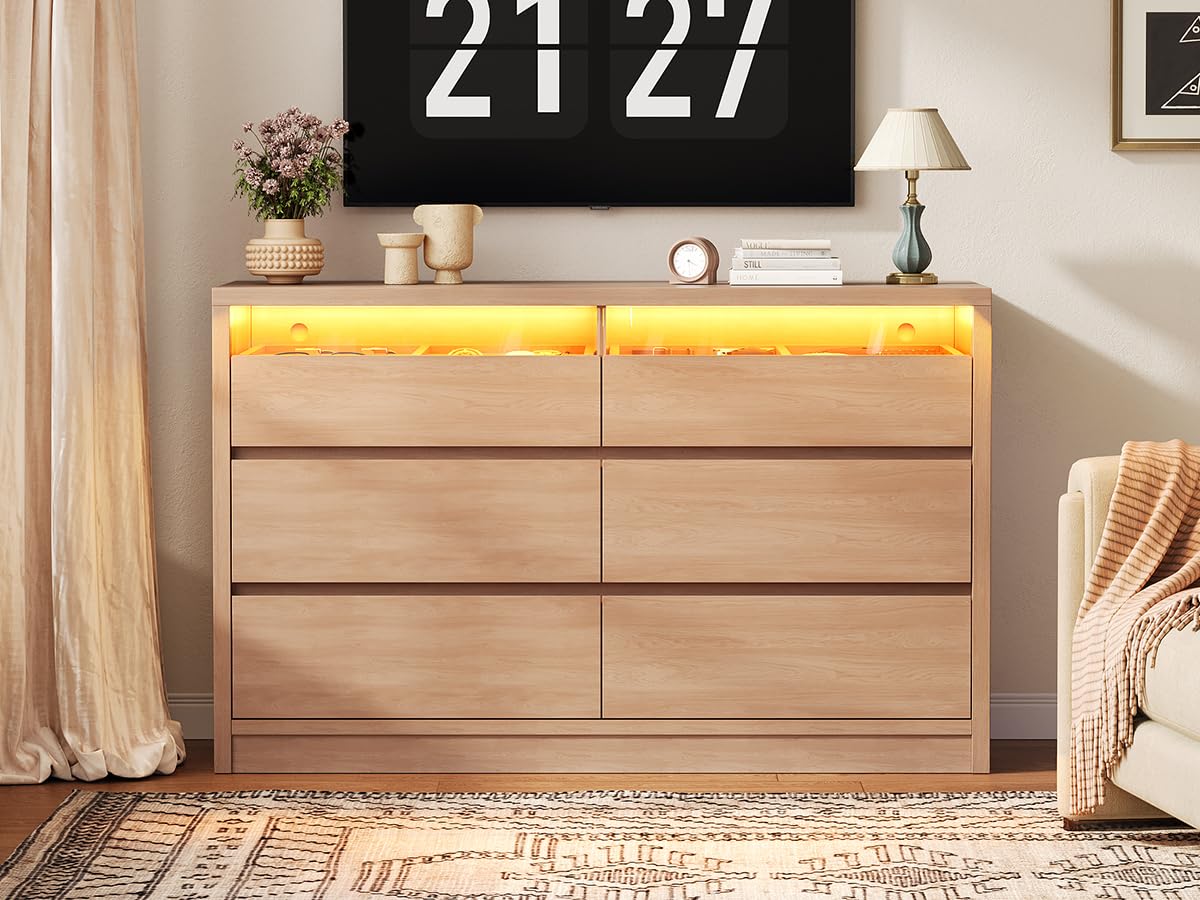 Jocoevol Modern LED 6 Drawer Dresser for Bedroom, Large Chest of Drawers with Hidden Handles, Long Double Wooden Dresser Closet for Living Room, Entryway, Hallway - Natural Oak