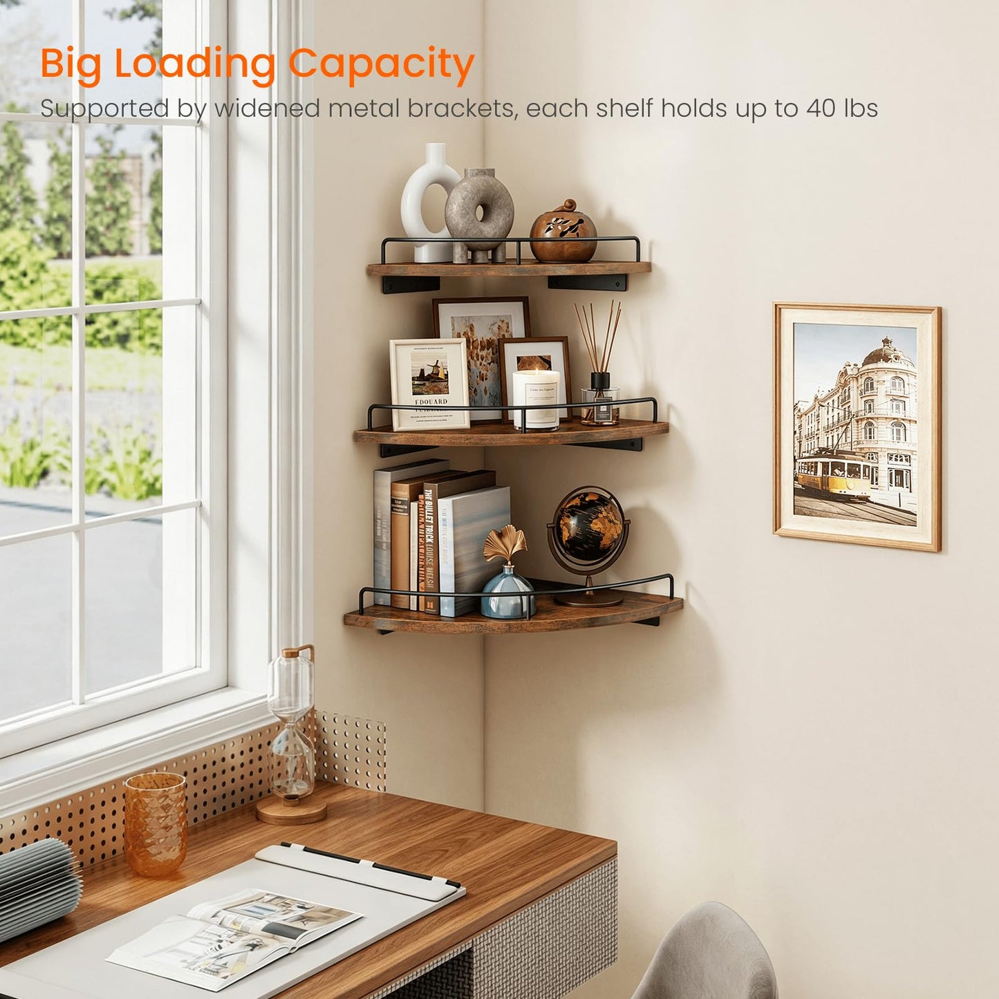 Homode Corner Shelf Wall Mounted Set of 3, Corner Floating Shelves 9/10/12 Inch Deep, Wood Round Corner Hanging Display Shelf with Guardrail for Bathroom Bedroom Kitchen Living Room, Rustic Brown