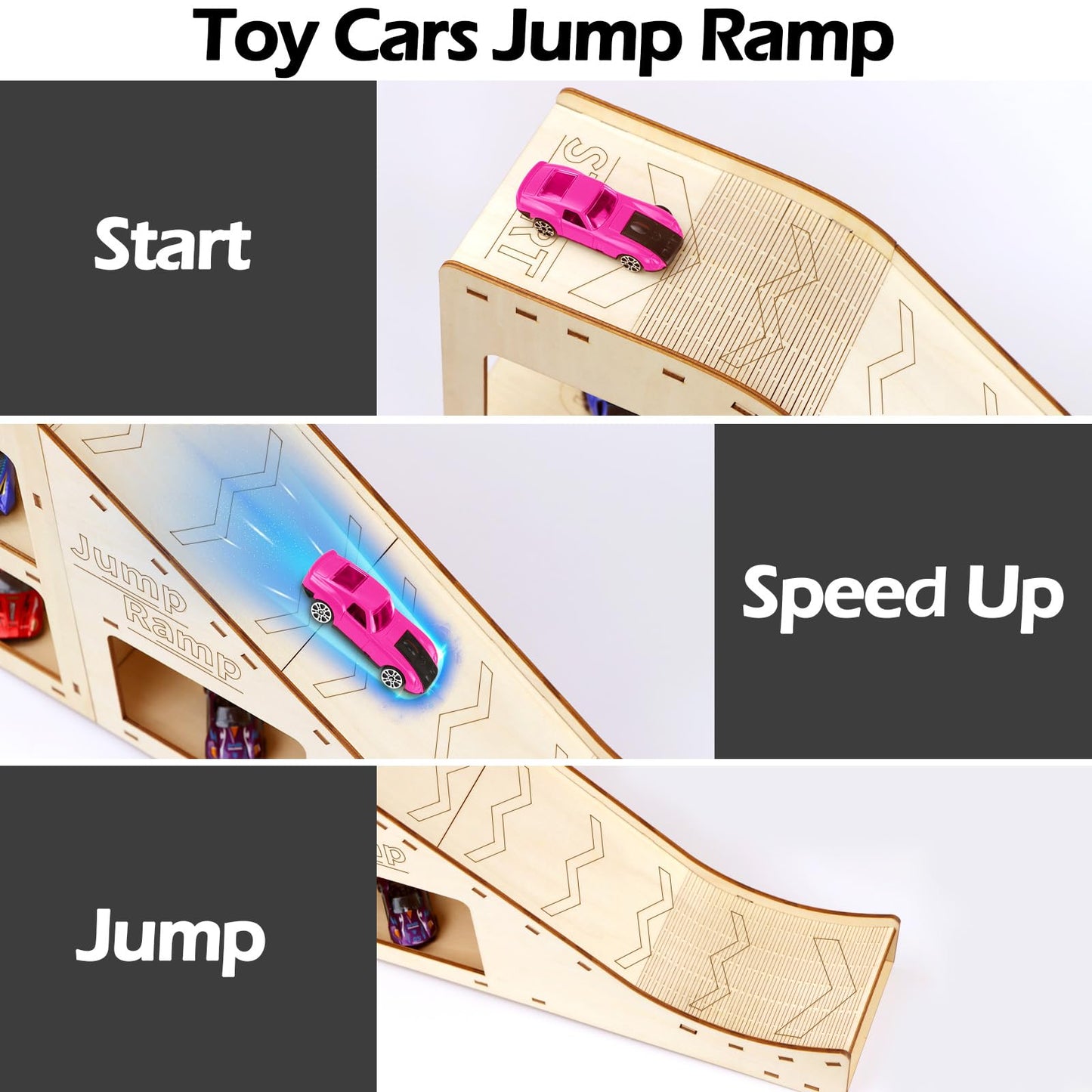 Wooden Toy Cars Jump Ramp, Toy Car Track Set for Hot Wheels, Race Cars Track for Hot Wheels and Diecast Cars, Wood Jump Ramp for Hotwheels, Playing Storage Display Race Set