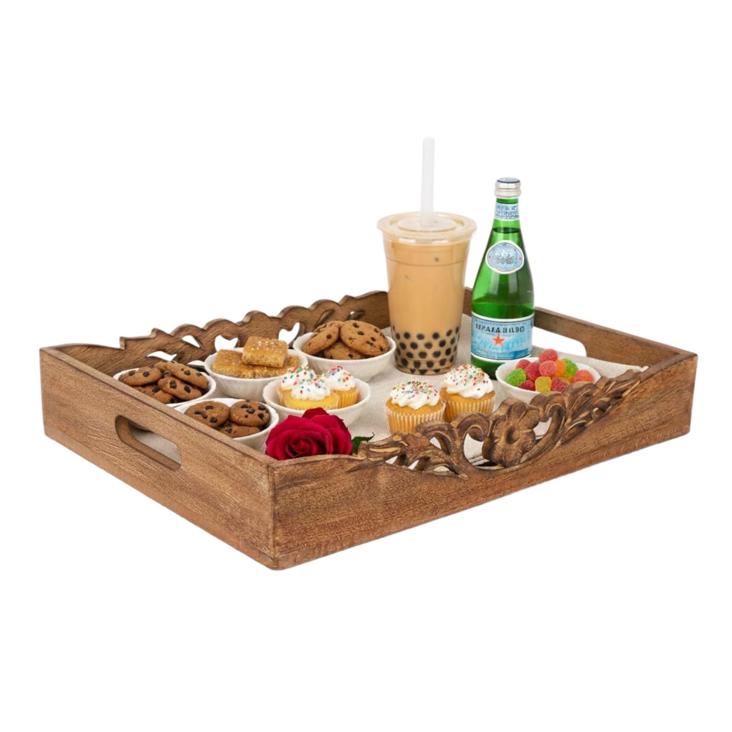 Mela Artisans 16” x 12” x 2.5” Mango Wood Serving Tray with Handles – Orchid Medium Burnt – Handcrafted Wooden Serving Board for Breakfast, Coffee & Home Décor