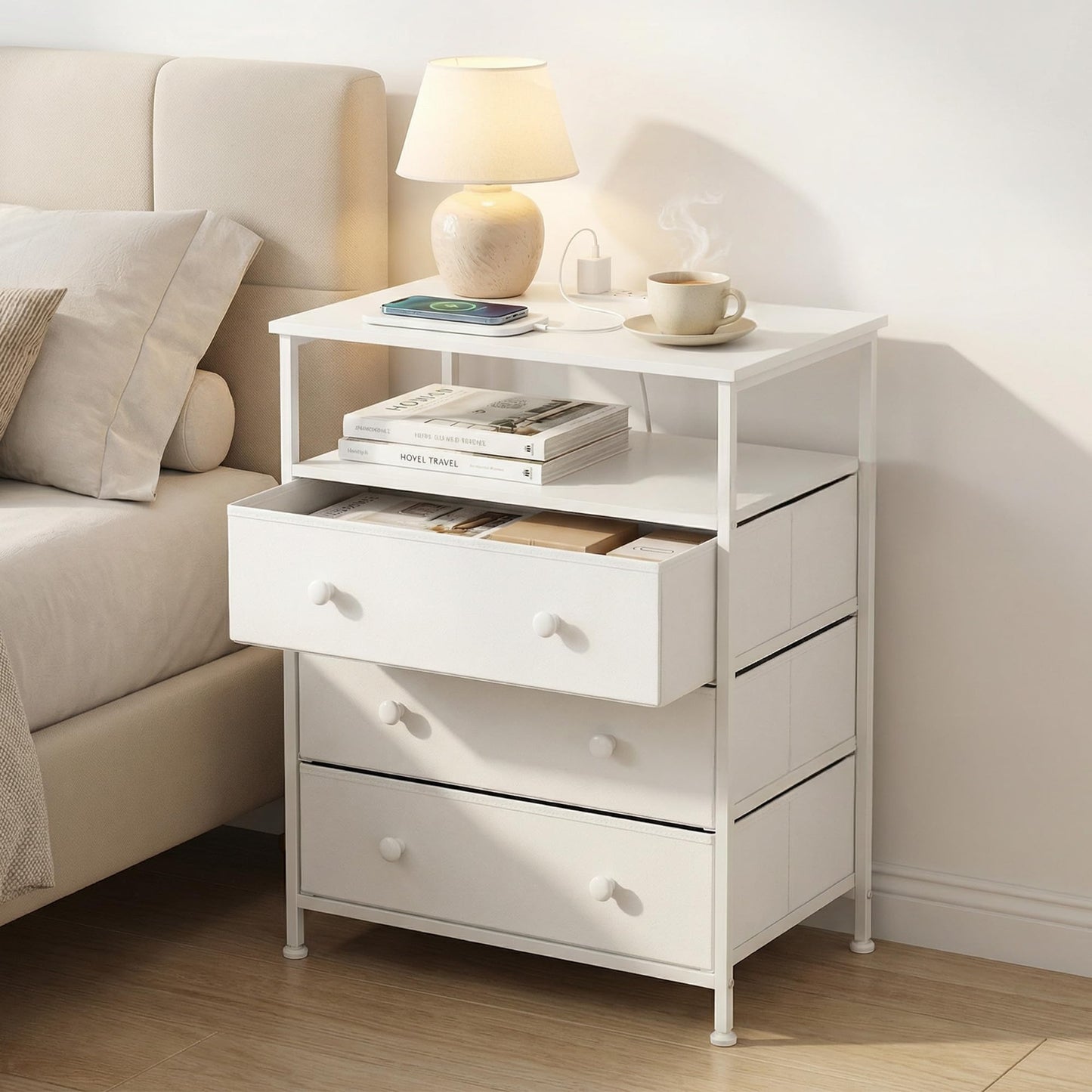 PATAVOT 3-Drawer LED Nightstand with Charging Station, White.