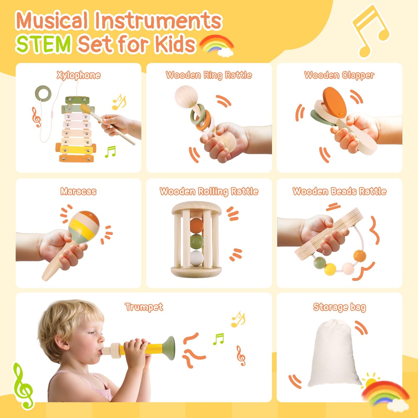 Pajojoqa 7pcs Musical Instruments Set 18M+ Montessori Toys 2 3 4 Neutral Colors Wooden Toys for Toddlers 3-5 Percussion Instruments Modern Boho Xylophone Sensory Gifts Boys Girls
