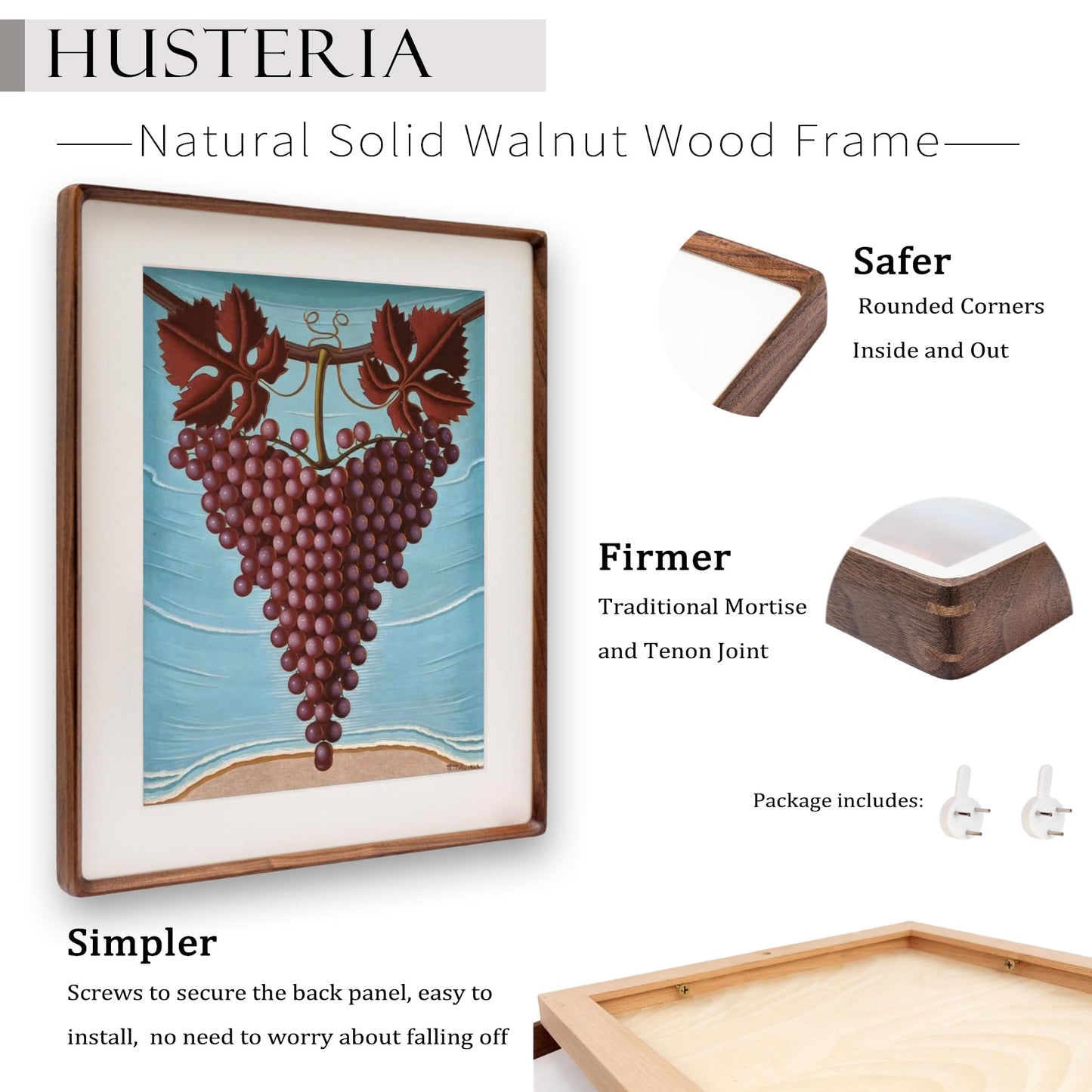 Husteria 16x20 Picture Frame in Natural Walnut Wood, Solid Wooden Photo Frames Matted to 12x16, Gallery Poster Frames for Wall Mount