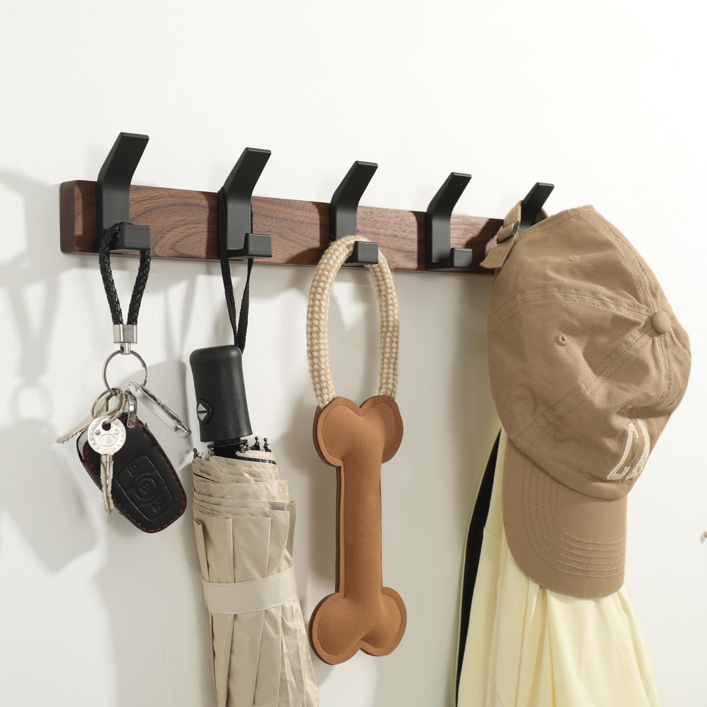 Jadorn Coat Rack Wall Mount - 16.9 Inches Coat Rack Wall Mount with 5 Hooks Walnut Wood Coat Hooks Wall Mounted Rustproof Coat Hanger Black Aluminum Wall Hooks for Hanging Coat Hat Backpack Key
