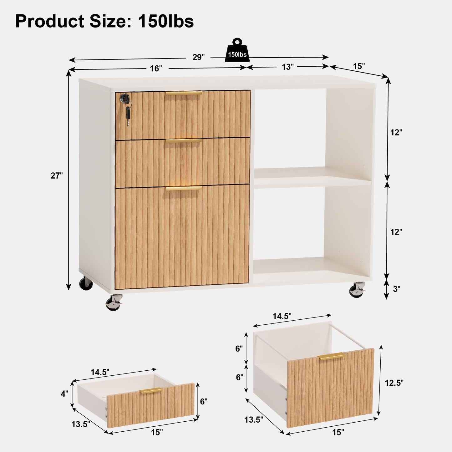 3 Drawer Fluted Mobile Filing Cabinet with Lock, Rolling File Cabinet Printer Stand Table, Under Desk Wooden Printer Stand for Home Office Essentials Storage Organization Furniture Letters/A4(OAK)