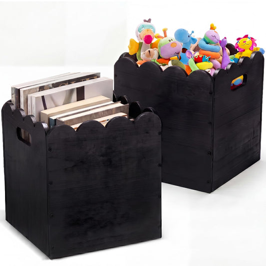 LemonRoad 2 Pcs 11 Inch Wooden Storage Bins with Scalloped Edge Stackable Wooden Storage Cubes Black Decorative Wood Crates for Book Shelves Vinyl Records, Pantry Closet Toys, Easy Assembly