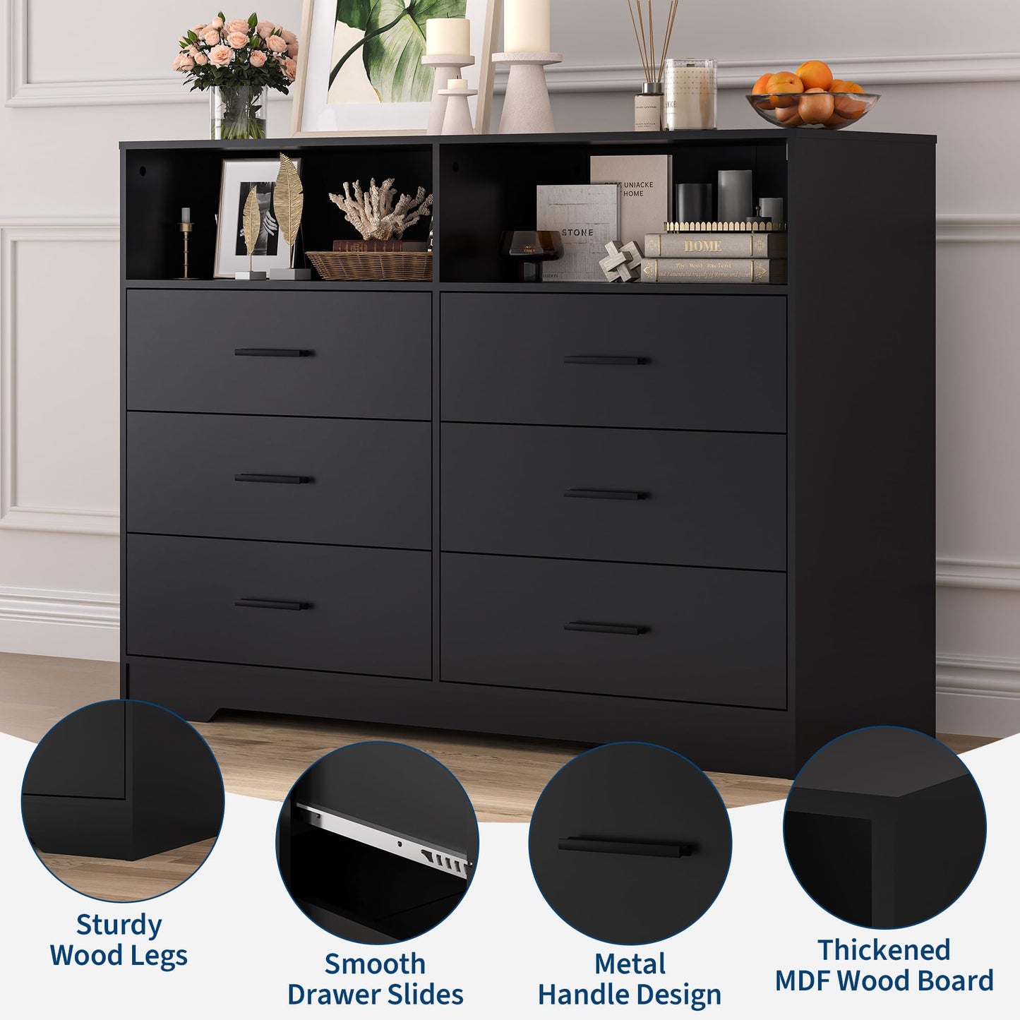Garvee 6 Drawer Wooden Dressers for Bedroom with Charging Station & Open Shelf, 47" Wide Black Dresser, Wood Chest of Drawers with Deep Drawers, Modern TV Stand Storage Organizer for Living Room, Dorm