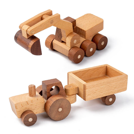 kienvy Wooden Toy Cars for 3 Year Old Boys & Girls - Construction Vehicles Set Push Toys for Toddlers, Wood Montessori Car with Rolling Wheels, Natural Wood Toys (Excavator & Tractor)